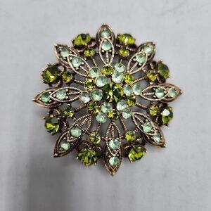 Vintage Goldtone Green Rhinestone Sunburst Brooch 2 Inch